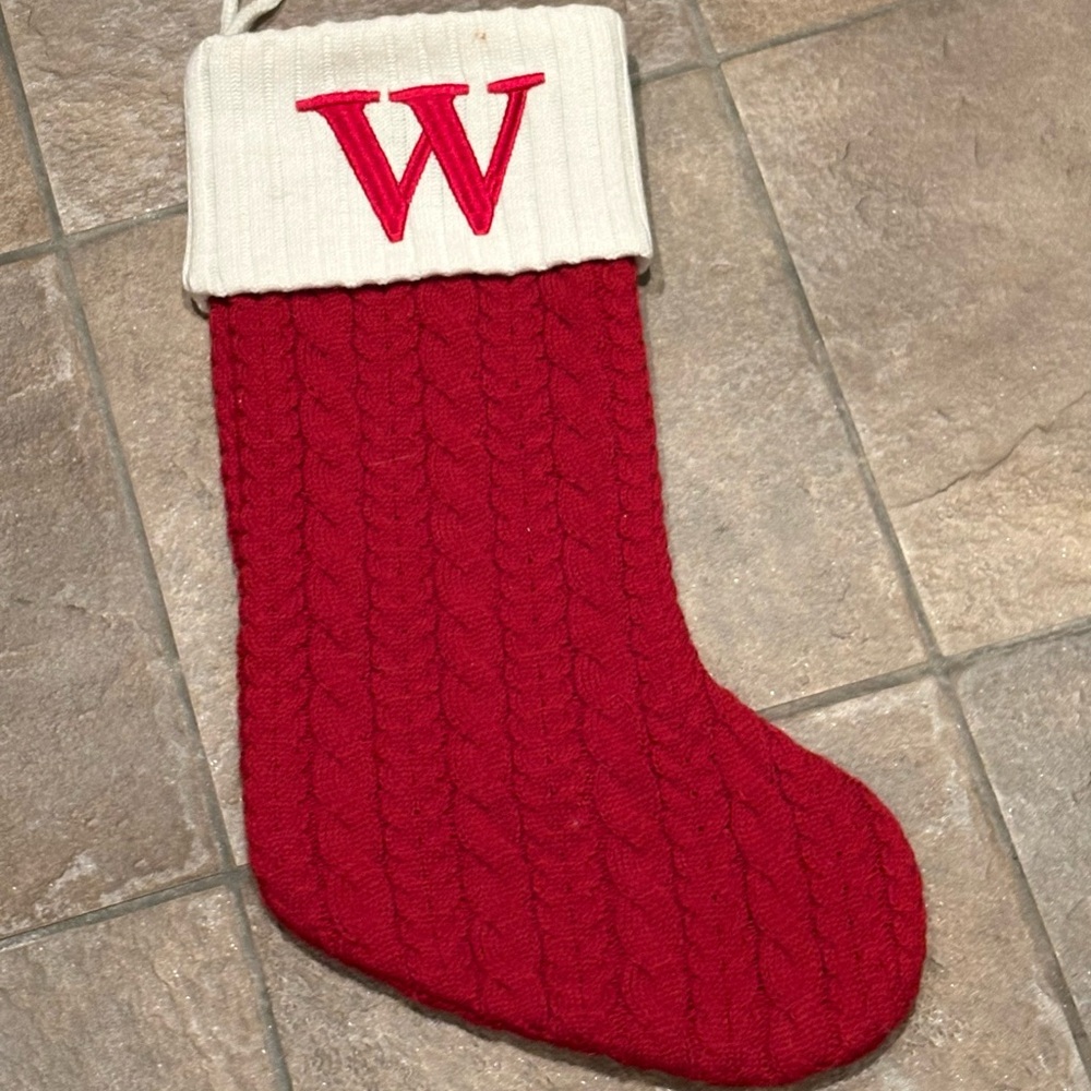 Saint Nicholas Square Red Knit Christmas Stocking with W Initial